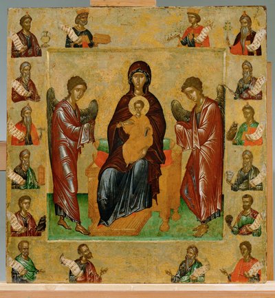 Thronende Madonna, Erzengel und zwei Heilige, umgeben von Unknown Artist