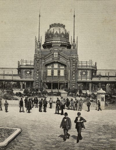 Hauptfassade der United Exhibitions, Mailand, Italien, Gravur nach einem Foto von Treves Brüder aus L