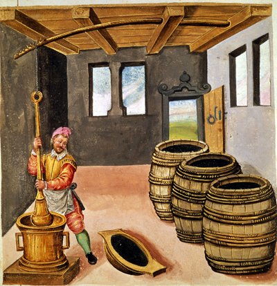 Herstellung von Schwarzpulver - in „Manuale di pirotechnia, armeria e fortificazioni“ des 16. Jahrhunderts. von Unknown artist