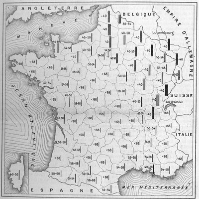 Karte der Verteilung der Körpergröße in Frankreich: Die Höhe der Balken ist umgekehrt proportional zur Anzahl der wegen Größenmängeln befreiten Wehrpflichtigen in jedem Departement, über 1000 Untersuchte. Die Zahlen geben diese Anzahl pro 100 an. Die zwanz von Unknown artist
