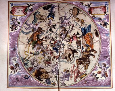Himmelskarte und Tierkreiszeichen - Faksimile einer antiken Komposition, die die Sternbilder des nördlichen Himmels darstellt, nach der „Harmonia Macrocosmica“ von André Cellarius von Unknown artist