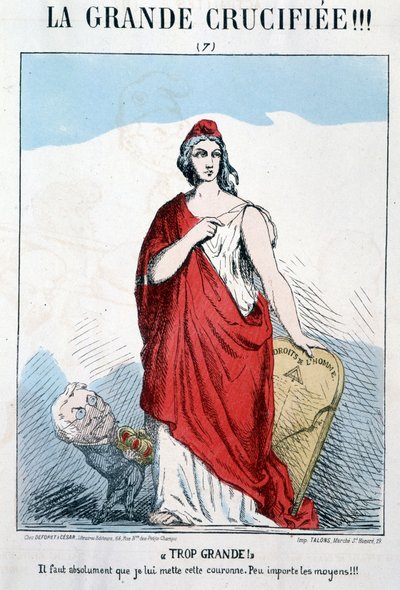 Marianne hält die Menschenrechte in ihrer Hand, denen Thiers eine Krone aufsetzen will - Karikatur von Unknown artist