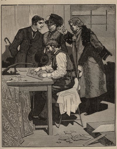 Marketerie: Marketerie bei der Arbeit. Gravur von 1885 in „Les arts et métiers illustrés“ von Adolphe Bitard. von Unknown artist