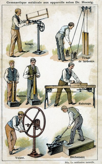 Medizinische Gymnastik mit Geräten nach Dr. Hoenig - in „Bilz, Naturheilkunde“, Ende des 19. Jahrhunderts von Unknown artist