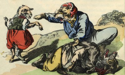 Medor rettet Little Chef vor dem Wolf. Illustration des Märchens „Bon Medor und Little Chevrette“. In „Märchen aus dem Heim für die Kleinen“. Anonyme Gravur des 19. Jahrhunderts. von Unknown artist