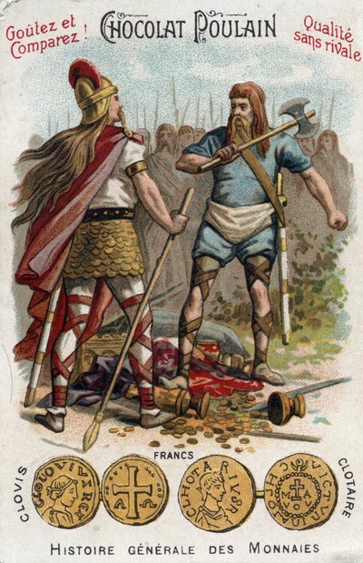 Merowinger: Chlodwig I. erschlägt den Soldaten, der das Gefäß von Soissons zerbrochen hatte, im Jahr 486. In Allgemeine Münzgeschichte. Schokoladen-Fohlen-Chromolithographie des späten 19. Jahrhunderts. Private Sammlung. von Unknown artist