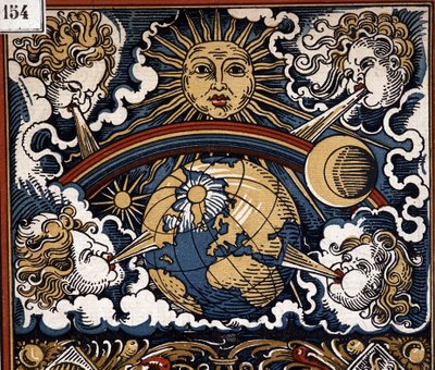 Meteorologische Allegorie (Sonne mit Erde, Winde, Regenbogen) - Kalenderillustration von Unknown artist