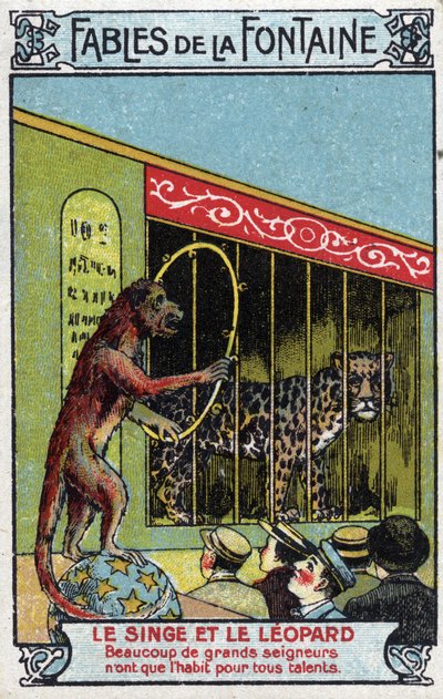 Affe und Leopard - Fabeln von Jean de La Fontaine (1621-95) - Chromolithographie des späten 19. Jahrhunderts Private Sammlung von Unknown artist