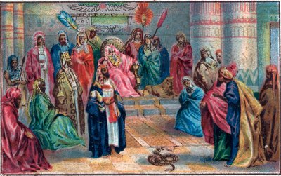 Moses und Aaron gegen den zornigen Pharao. Chromolithographie aus dem späten 19. Jahrhundert von Unknown artist