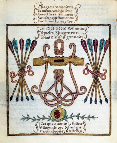 Motto der katholischen Könige. Emblem der katholischen Könige. Miniatur in „Devocionario de la Reyna Da Juana a Quien Llamaron la Loca“ von Pedro Marcuello von Unknown artist