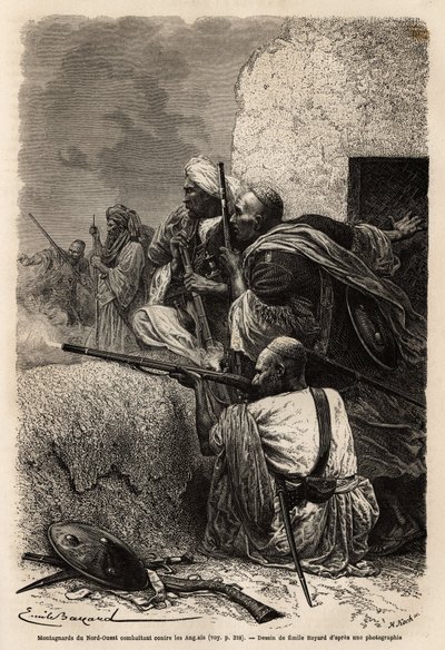 Muslimische Bergbewohner, die in die Berge von Svat umgesiedelt wurden, kämpfen 1863 gegen eine englische Expedition, um das Plündern von Dörfern in der Region zu stoppen. Gravur zur Illustration der Geschichte von Pandjab und Kaschmir, von Guillaume Lejea von Unknown artist