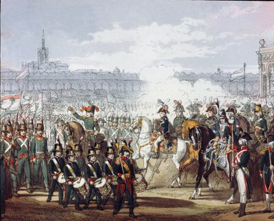 Napoleon Bonaparte (1769-1821) inspiziert die lombardische und cispadanische Legion der Miliz am 09.07.1797. Aquarellgravur. Mailand, Museo del Risorgimento von Unknown artist