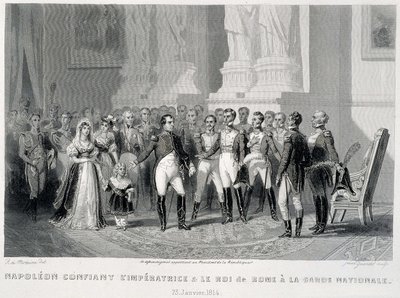 Napoleon vertraut die Kaiserin und ihren Sohn, den König von Rom, der Nationalgarde an (23. Januar 1814) - in „Fastes de Gardes nationales de France“ von Unknown artist