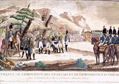 Napoleonischer Krieg: Napoleon I. trifft Kaiser Franz II. nach der Schlacht von Austerlitz am 2.12.1805. Gravur des 19. Jahrhunderts. von Unknown artist