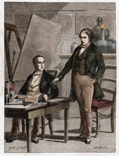 Niepce liest Louis Daguerre die Beschreibung der Heliografie vor, zur Fixierung von Bildern aus der Camera Obscura - Nicephore Niepce (1765-1833), französischer Erfinder, Pionier der Fotografie, liest Daguerre die Beschreibung seiner Methode zur Fixierung  von Unknown artist