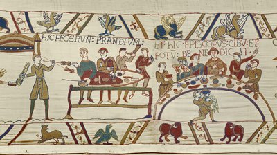 Normannische Diener bereiten ein Bankett für Wilhelm vor und Bischof Odo segnet das Mahl, Teppich von Bayeux von Unknown artist