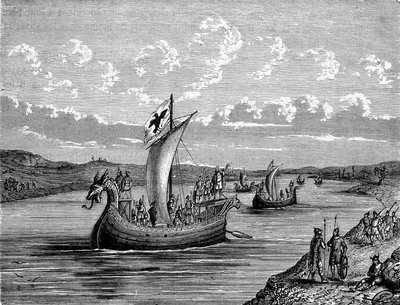 Normannische Schiffe auf einem Fluss - Gravur von Unknown artist