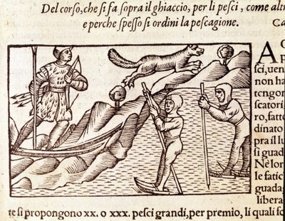 Norwegische Jäger auf Skiern. Gravur von Olaus Magnus (1490 - 1557), schwedischer Geistlicher und Geograph, „Historia de Gentis Septentrionalibus“, Venedig von Unknown artist