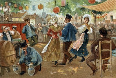 Altes Brauchtum in Flandern: Flämischer Jahrmarkt. Chromolithographie aus dem späten 19. Jahrhundert von Unknown artist