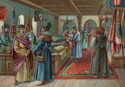 Alte Einkaufszentren: Leinenhalle in Brügge, Belgien im 15. Jahrhundert. Chromolithographie des späten 19. Jahrhunderts von Unknown artist