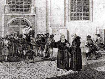 Am 31/10/1517 schlug Luther seine 95 Thesen an die Tore des Wittenberger Schlosses, die den Ablasshandel anprangerten und den Beginn der Reformation markierten - Gravur von Unknown artist