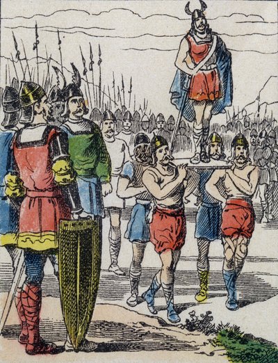 Nach dem Tod von Childerich I. wurde sein Sohn Chlodwig von den Salischen Franken zum König gewählt, die ihn auf dem Schild durch das Lager trugen (Gravur) von Unknown artist