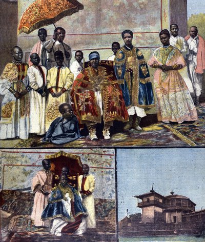 Oben ist die Kaiserin Taitou von Äthiopien, Ehefrau von Menelik II. und ihr Gefolge. Unten links ist ihre Tochter, die zukünftige Königin Zaouditou (1876 - 1930). Rechts der Kaiserpalast Ghebi in Addis Abeba. Ill. für die späte 19. Jahrhundert Presse von Unknown artist