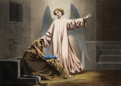 Zweimal angehalten, wird der heilige Petrus von einem Engel befreit. Anonyme Gravur aus der Mitte des 19. Jahrhunderts von Unknown artist