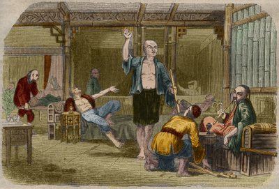 Opiumraucher in China Mitte des 19. Jahrhunderts. Gravur von 1857 in „Le Musee Des Sciences“ von Unknown artist