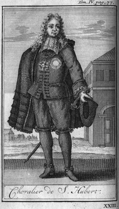 Ritterorden. Ritter von Saint Hubert im Herzogtum Jülich im 15. Jahrhundert in „Geschichte der militärischen Orden oder Ritter, der weltlichen und regulären Milizen beider Geschlechter, die bisher gegründet wurden. Ausgabe von Abbe Giustiniani, R. von Unknown artist