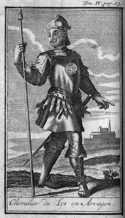 Ritterorden. Ritter des Ordens der Lilie in Aragon im 15. Jahrhundert in „Geschichte der militärischen Orden oder Ritter, der weltlichen und regulären Milizen beider Geschlechter, die bisher gegründet wurden. Ausgabe von Abbe Giustiniani, R.P.Bo von Unknown artist