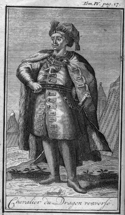 Ritterorden. Ritter des Drachen. In "Geschichte der militärischen Orden oder Ritter, der sicheren und routinemäßigen Milizen beider Geschlechter, die bisher gegründet wurden. Ausgabe von Abbe Giustiniani, R.P. Bonani, M. Herman, Schoonebeek, R.P." von Unknown artist