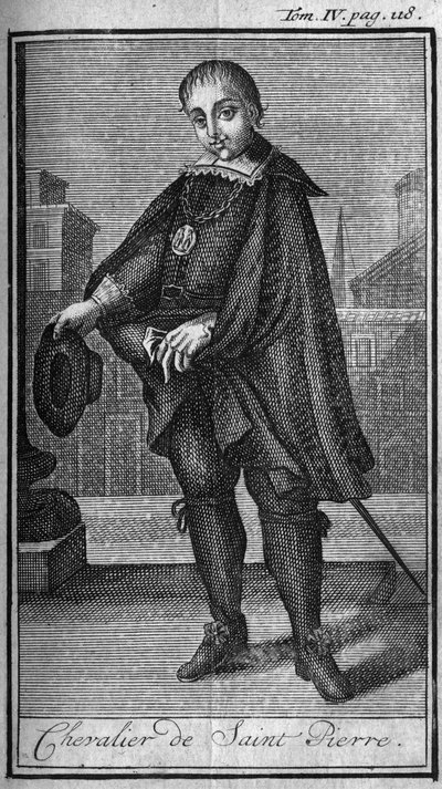 Ritterorden. Ritter des heiligen Petrus (San Pietro) in Rom im 15. Jahrhundert. In „Geschichte der militärischen Orden oder Ritter, der sicheren und routinemäßigen Milizen beider Geschlechter, die bis heute gegründet wurden. Ausgabe von Abbe Giustiniani von Unknown artist