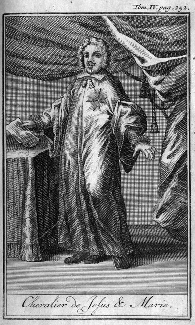Ritterorden. Ritter von Jesus und Maria in Italien im 17. Jahrhundert. In „History of military orders or knights, of the secure and routine militias of both sexes, which have been established up to now. Edition taken from Abbe Giustiniani, R.P.Bonani von Unknown artist