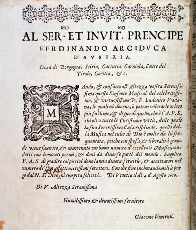 Widmungsseite an Ferdinand von Österreich in der Partitur von Sinfonie musicali von Ludovico Viadana von Unknown artist