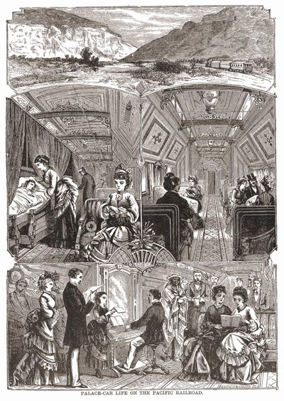 Leben im Schlafwagen auf der Pazifik-Eisenbahn, Gravur aus dem 19. Jahrhundert von Unknown artist