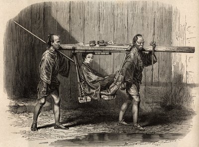 Palanquin zur Nutzung durch das Volk, offen, der Benutzer legt seine Sachen auf das Dach, bevor er sich niederlässt, um seine Reise zu machen. Gravur zur Illustration der Reise nach Japan in den Jahren 1863-1864 von Aimé Humbert, Minister der Schweizerisch von Unknown artist