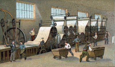 Papierproduktion im 19. Jahrhundert in Frankreich. Chromolithografie des späten 19. Jahrhunderts von Unknown artist