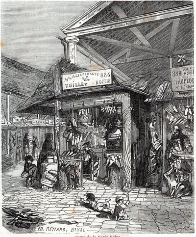 Paris 3. Arrondissement - Carre de la Foret-Noire: Verkauf von Leder und Schuhen im Le Carreau du Temple im 19. Jahrhundert - Gravur in „Tableau-de-Paris“ von Edmond Texier von Unknown artist