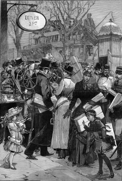 Paris: Paketwoche: Pariser kaufen Spielzeug für Weihnachtsgeschenke. Gravur in "Le Monde Illustré" von Unknown artist