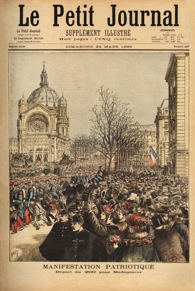Patriotische Demonstration in Paris, für den Aufbruch des 200. Regiments nach Madagaskar. Gravur in „Le petit journal“ 24/03/1895. Selva Sammlung. von Unknown artist