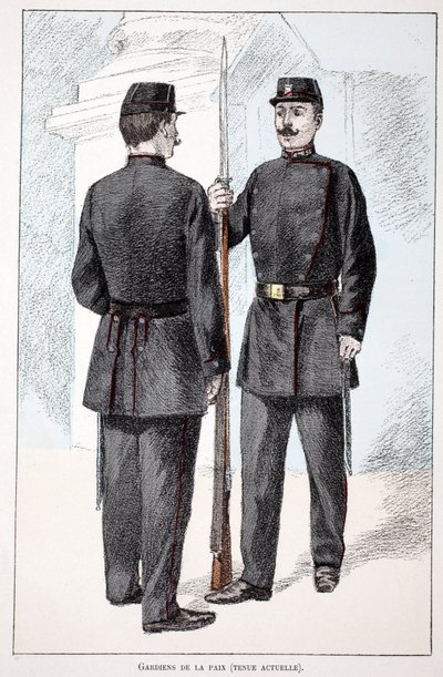 Friedenswächter (Lepine-Periode). Farbradierung zur Illustration „Geschichte des Friedenswächterkorps“ Buch veröffentlicht unter der Schirmherrschaft von Louis Lepine (1846-1933), Polizeipräfekt von Paris, von Alfred Rey (1864-?) und Louis Feron (1862-?) von Unknown artist