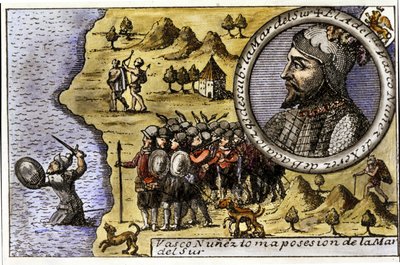 Darstellung von Vasco Núñez de Balboa (1475-1517), spanischer Seefahrer, der als einer der ersten den Pazifischen Ozean entdeckte, indem er die Landenge von Darién überquerte. Gravur von Unknown artist