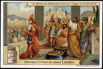 Perikles-Zeit (495-429 v. Chr.): Staatsmann und Stratege Kimon (510-449 v. Chr.) wird 461 v. Chr. mit dem Ostrakismos bestraft - Liebig Chromolithographie von Unknown artist