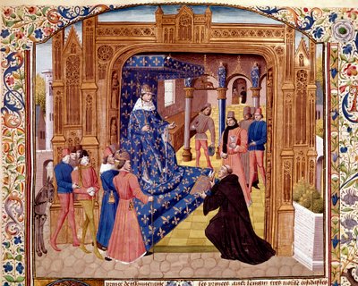 Pierre de Bressuire bietet sein Buch Johann II. dem Guten auf der Île de la Cité in Paris an. Miniatur aus „Römische Geschichte“ von Titus Livius, übersetzt von Pierre Bressuire von Unknown artist