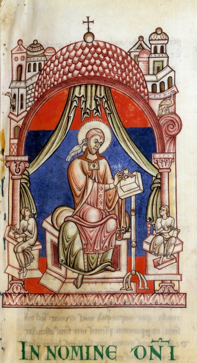 Papst Gregor I. der Große, umgeben von zwei Sekretären. Er wird mit einer Taube auf der Schulter dargestellt, Symbol des Heiligen Geistes von Unknown artist