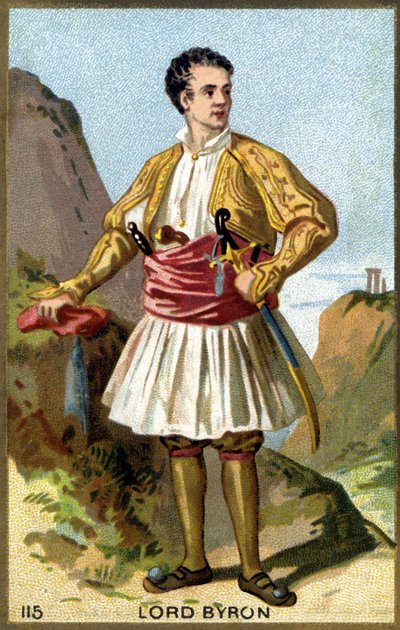 Porträt von George Gordon Noel, 6. Baron Byron, Lord Byron (1788 - 1824) in griechischer Kleidung. Chromolithographie des 19. Jahrhunderts. von Unknown artist
