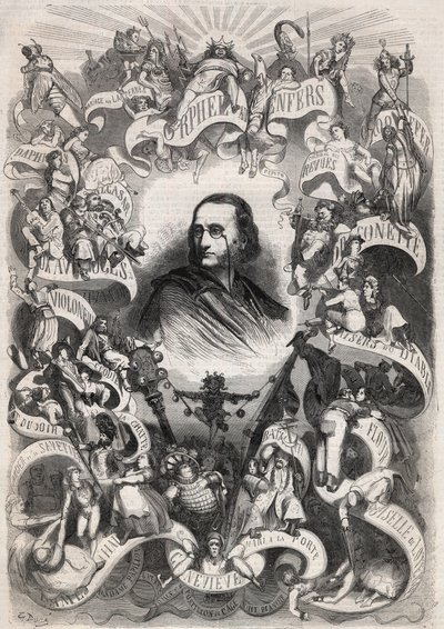 Porträt von Jacques Offenbach (1819-1880), französischer Komponist und Direktor des Théâtre des Bouffes Parisiens, umgeben von Figuren seiner Werke - Gravur in „Le Monde Illustré“ von Unknown artist