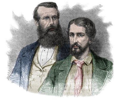 Porträt von John Hanning Speke, britischer Entdecker, und James Augustus Grant, britischer Soldat und Entdecker. Gemeinsam erkundeten sie die Quellen des Nils - Gravur aus „The picturesque history of great voyages in the nineteenth century“ 1877 von Unknown artist