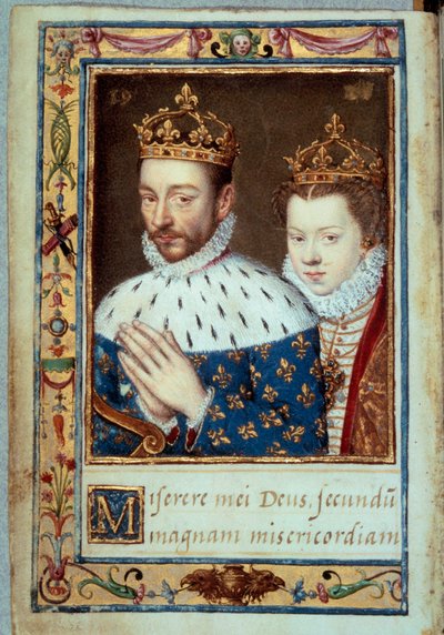 Porträt von König Karl IX. (1550-1574) und Elisabeth von Österreich (1554-1592) Königin von Frankreich. Manuskriptseite aus dem „Stundenbuch der Katharina von Medici“ (Caterina de Medici) 16. Jahrhundert Paris, B.N. von Unknown artist